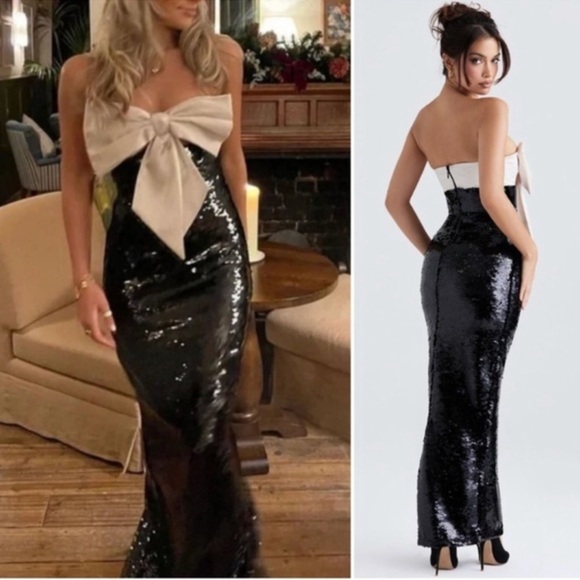 NWOT House of CB Holly Black Sequin Strapless Bow Maxi Dress sz XL - Picture 1 of 9